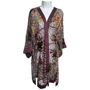 Band of Gypsies plum olive velvet floral sheer open front kimono robe XS/S NWT